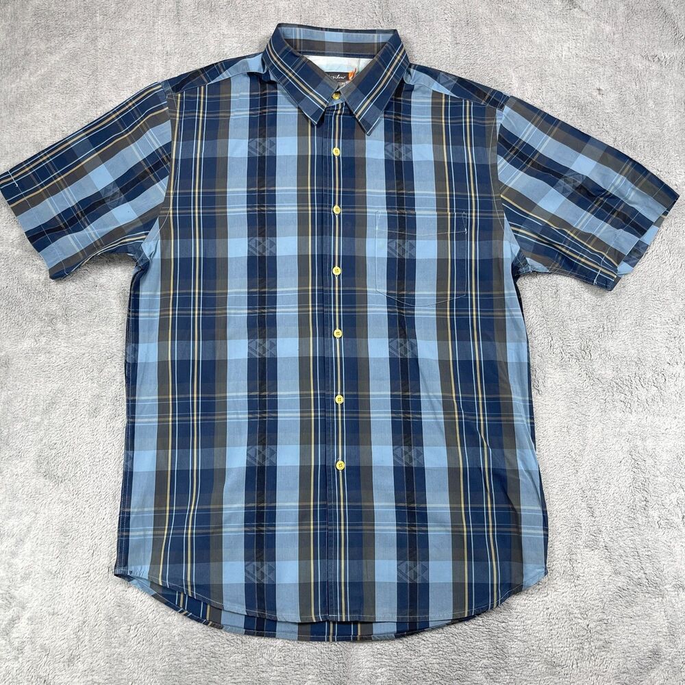 Quiksilver Shirt Men Medium Blue Plaid Cotton Embroidered Short Sleeve Button Up